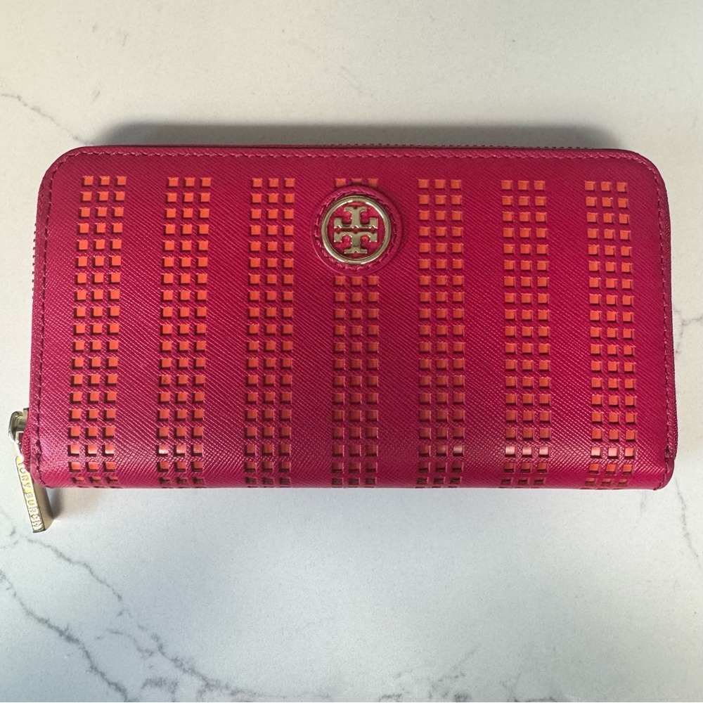 Tory Burch Pink & Orange Perforated Robinson Continental Wallet
